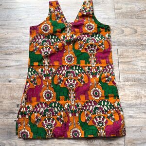Vintage Elephant Print Tank Top Boho Psychedelic Orange Small Handmade Summer